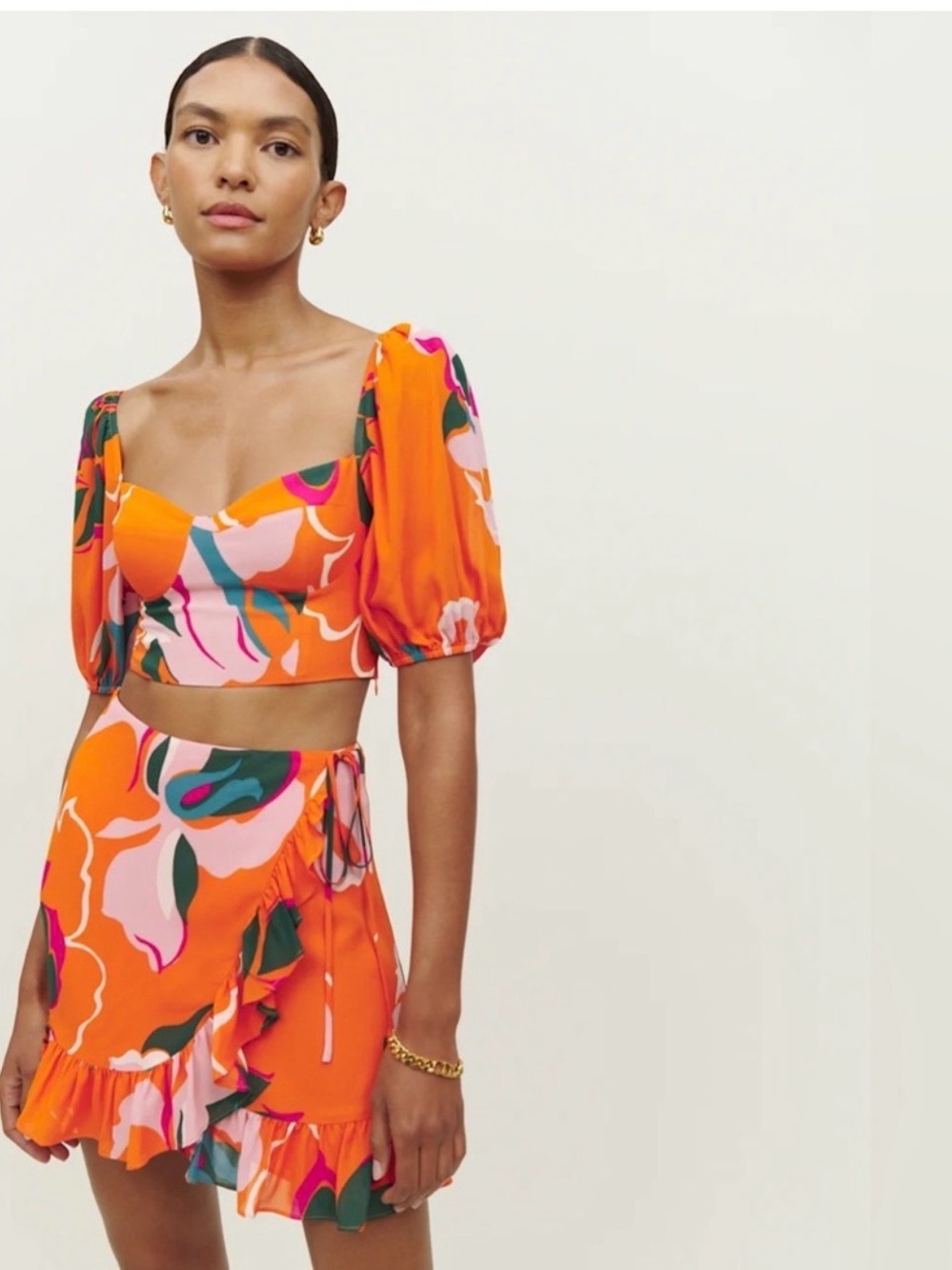 Reformation Orange Floral Wrap Mini Skirt
